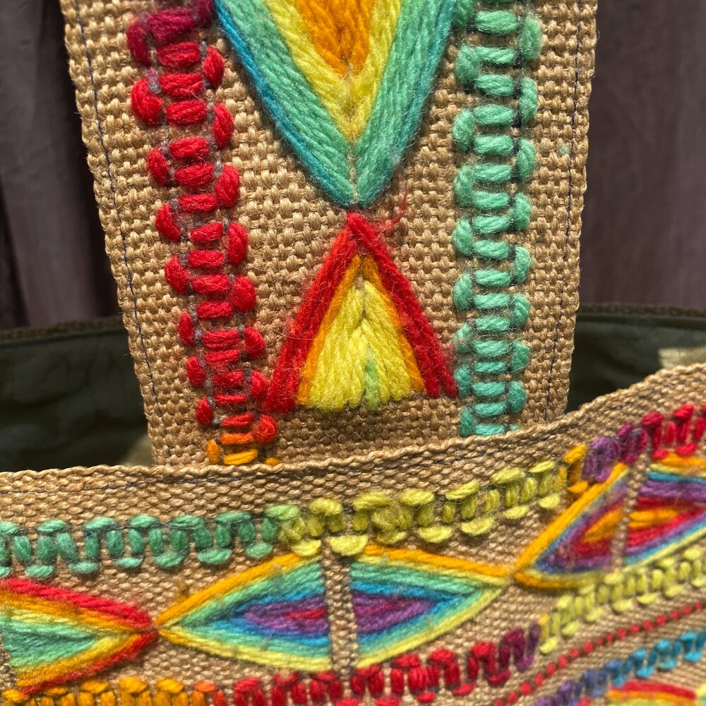 Vintage Handcrafted Burlap Tote Bag | Yarn Embroidered Rainbow - Picture 5 of 10